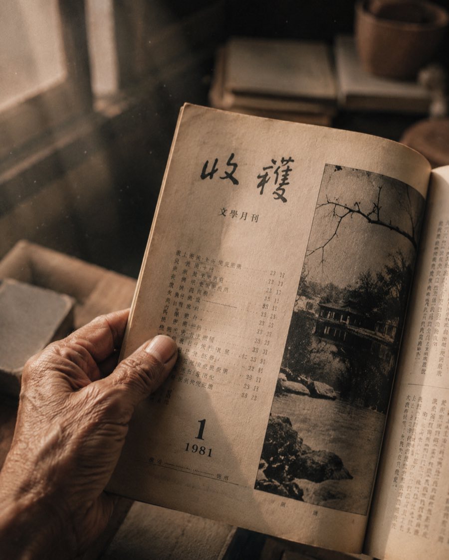 手持旧文学月刊的人类档案照片